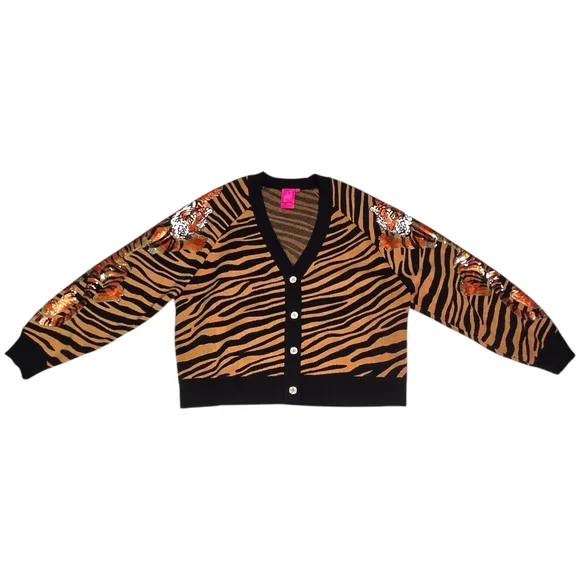 Queen of Sparkles Tiger Stripe Cardigan Sequin Tigers Black Camel Medium - Picture 4 of 14
